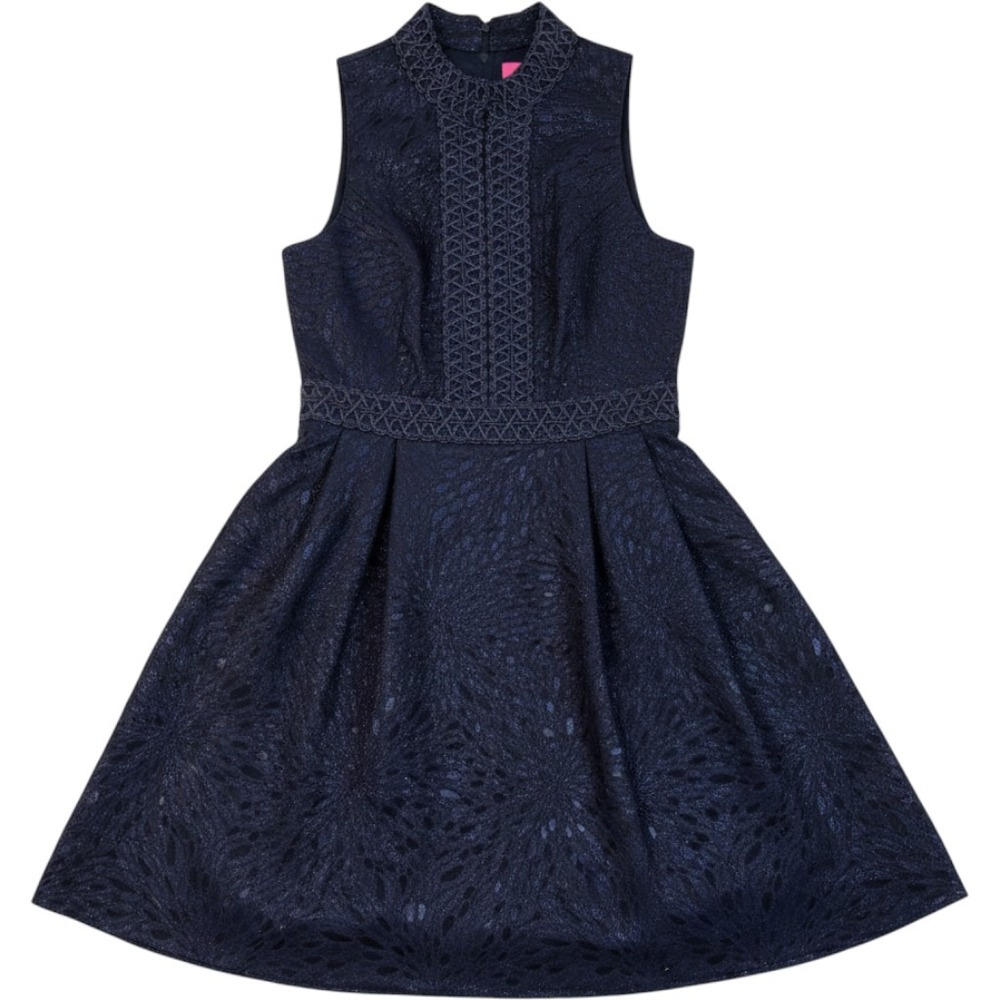 Lilly Pulitzer Dress Blue 0 Womens Sleeveless Metallic Jacquard Fit Flare Party